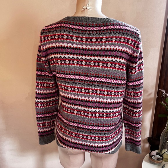 Talbots Nordic Fair Isle Lambswool Blend Pullover Sweater Grey Pink Red MP Y2K - Picture 3 of 11